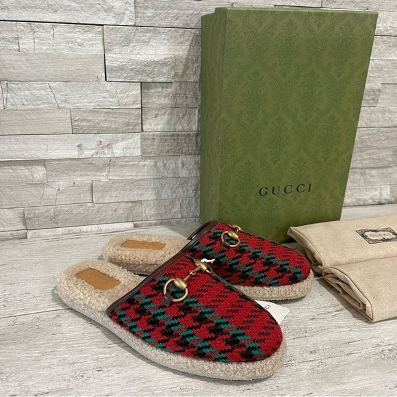 NEW Gucci Fria Houndstooth Gold Horsebit Shearling Lined Mule Slipper SZ 39 - Picture 1 of 16